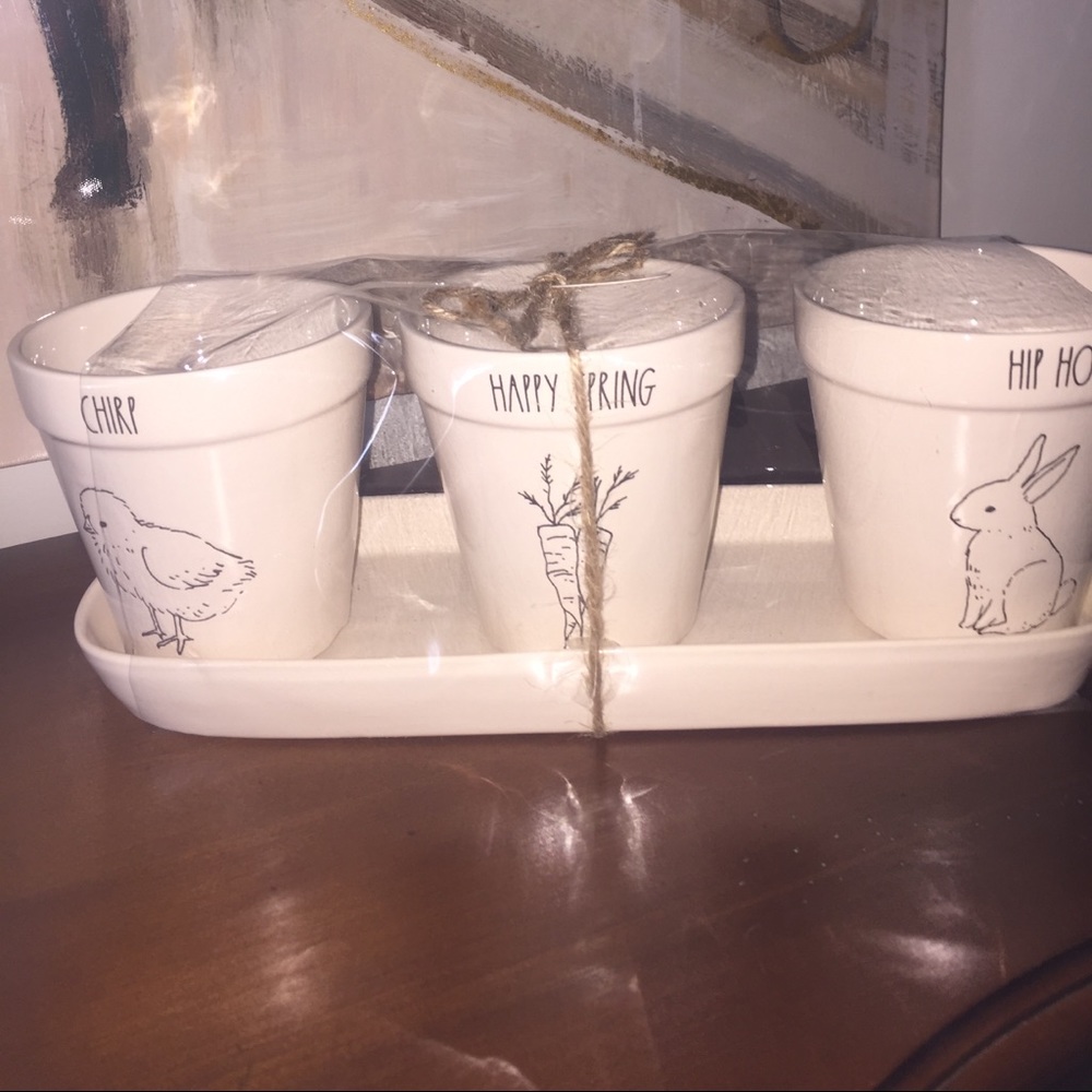 Rae Dunn Easter planter 3 pots with drainage holes and tray all ceramic